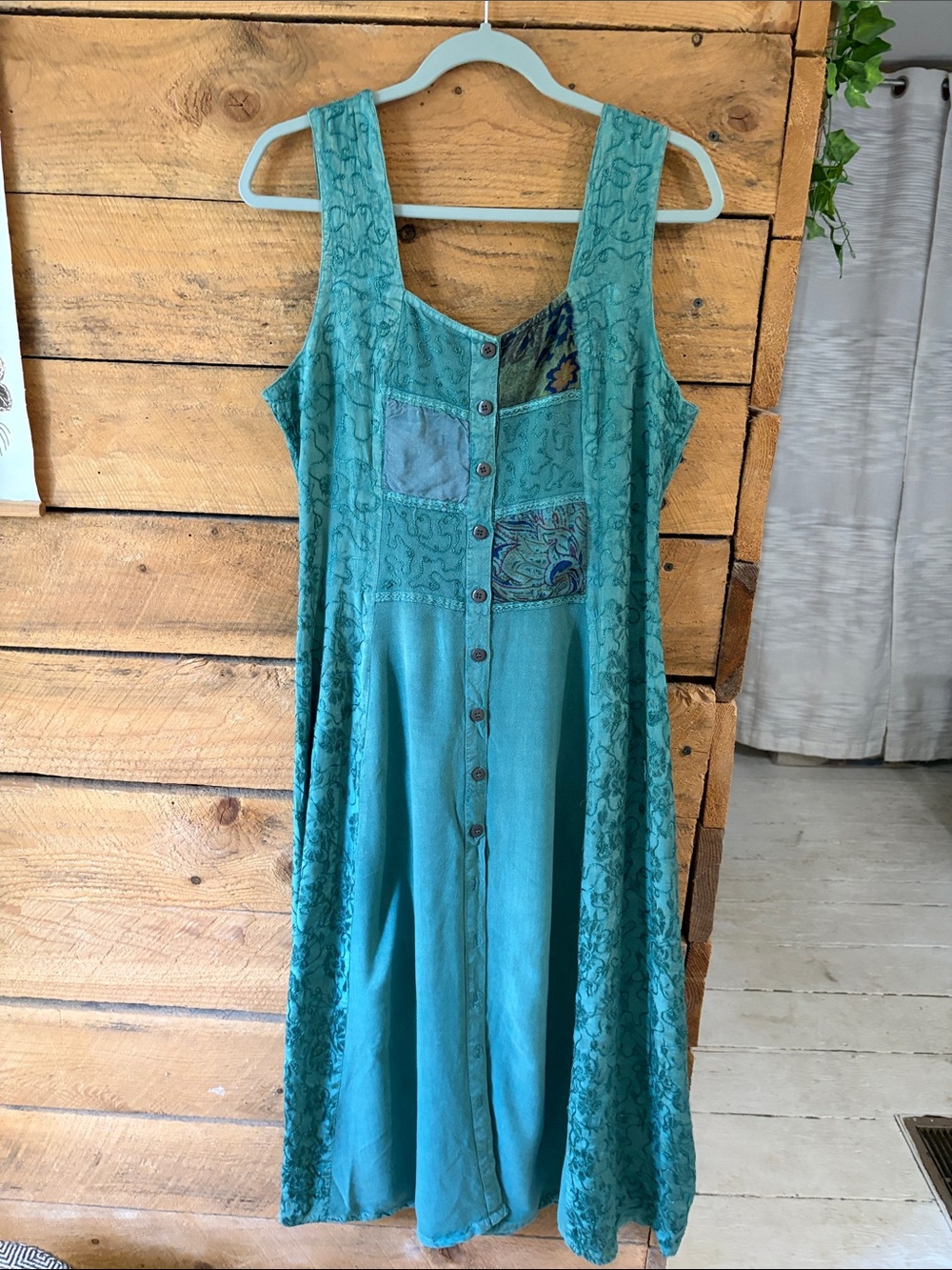 Sleeveless Teal Patchwork Maxi Dress with Button Front